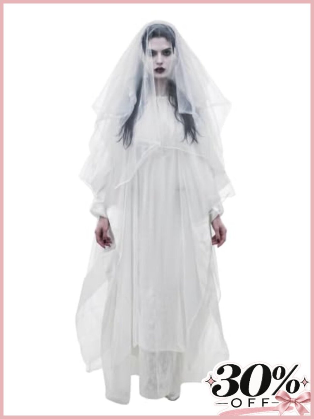Women's Spooky Bride Costume Set White Robe Dress with Veil Halloween